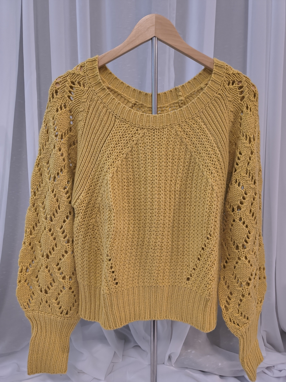 Mustard Knit Openwork Sleeve Sweater Size M